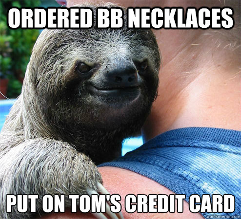 Ordered BB Necklaces Put on Tom's credit card
  Suspiciously Evil Sloth