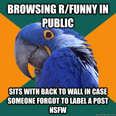 Browsing r/funny in public sits with back to wall in case someone forgot to label a post nsfw  Paranoid Parrot