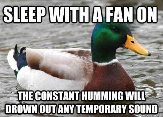 Sleep with a fan on The constant humming will drown out any temporary sound - Sleep with a fan on The constant humming will drown out any temporary sound  Actual Advice Mallard