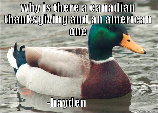 WHY IS THERE A CANADIAN THANKSGIVING AND AN AMERICAN ONE                           -HAYDEN                                  Actual Advice Mallard