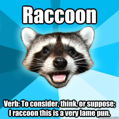 Raccoon Verb: To consider, think, or suppose; I raccoon this is a very lame pun. - Raccoon Verb: To consider, think, or suppose; I raccoon this is a very lame pun.  Lame Pun Coon