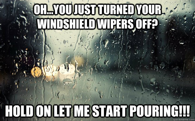 OH...YOU JUST TURNED YOUR WINDSHIELD WIPERS OFF? HOLD ON LET ME START POURING!!!  