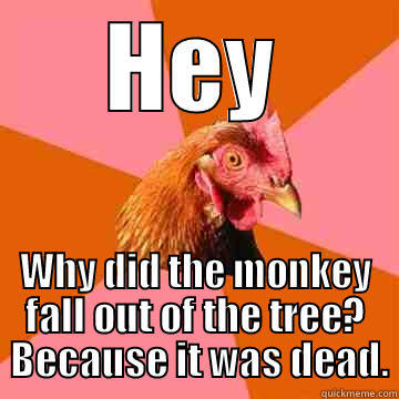 he kills in Peoria - HEY WHY DID THE MONKEY FALL OUT OF THE TREE?  BECAUSE IT WAS DEAD. Anti-Joke Chicken