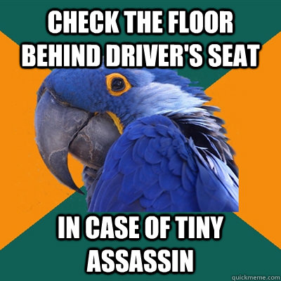 Check the floor behind driver's seat In case of tiny assassin  Paranoid Parrot