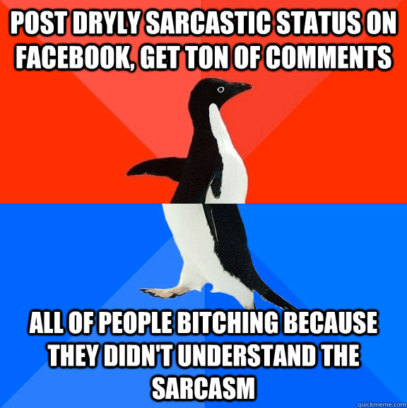 post dryly sarcastic status on facebook, get ton of comments all of people bitching because they didn't understand the sarcasm  Socially Awesome Awkward Penguin