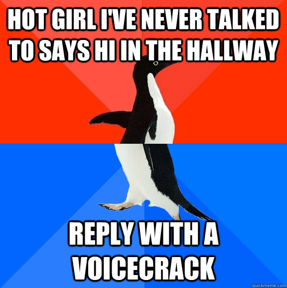 Hot girl I've never talked to says hi in the hallway reply with a voicecrack  Socially Awesome Awkward Penguin