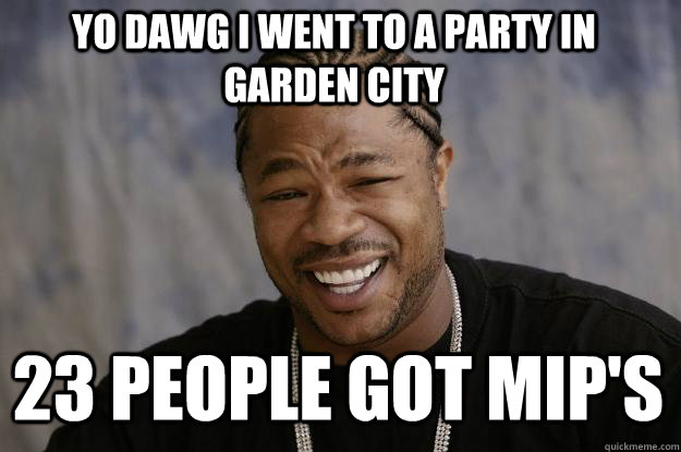 yo dawg i went to a party in garden city 23 people got mip's  Xzibit meme