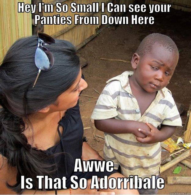 HEY I'M SO SMALL I CAN SEE YOUR PANTIES FROM DOWN HERE AWWE IS THAT SO ADORRIBALE  Skeptical Third World Kid