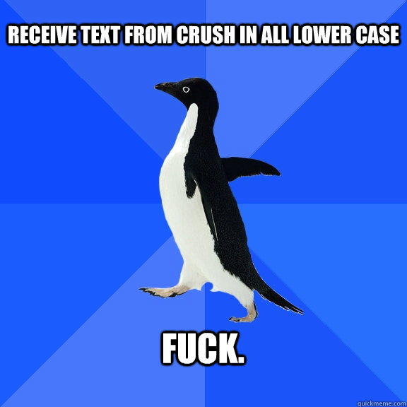 Receive text from crush in all lower case  fuck.   Socially Awkward Penguin