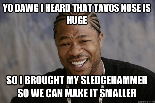 YO DAWG I HEARD THAT TAVOS NOSE IS HUGE SO I BROUGHT MY SLEDGEHAMMER SO WE CAN make it smaller - YO DAWG I HEARD THAT TAVOS NOSE IS HUGE SO I BROUGHT MY SLEDGEHAMMER SO WE CAN make it smaller  Xzibit meme