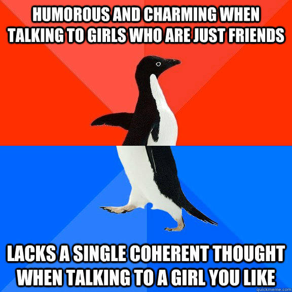 Humorous and charming when talking to girls who are just friends Lacks a single coherent thought when talking to a girl you like  Socially Awesome Awkward Penguin