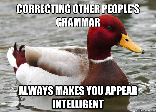 correcting other people's grammar 
 always makes you appear intelligent   Malicious Advice Mallard