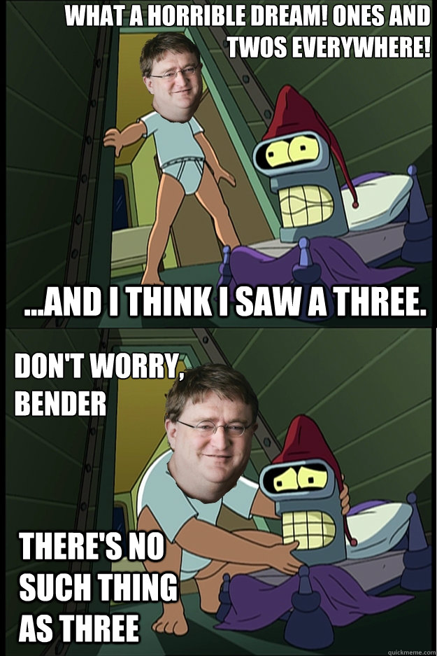 what a horrible dream! ones and 
twos everywhere! ...and I think i saw a three. don't worry, 
bender there's no such thing as three - what a horrible dream! ones and 
twos everywhere! ...and I think i saw a three. don't worry, 
bender there's no such thing as three  GabeN and Bender