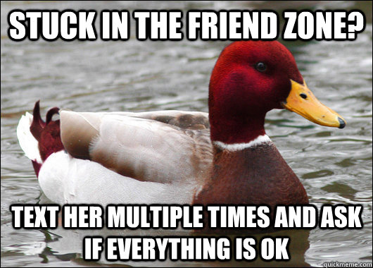 Stuck in the friend zone? Text her multiple times and ask if everything is ok   Malicious Advice Mallard