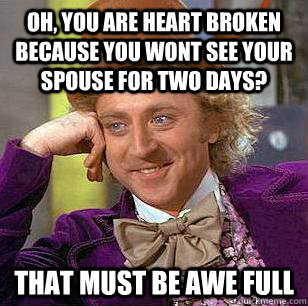 oh, you are heart broken because you wont see your spouse for two days? That must be awe full   - oh, you are heart broken because you wont see your spouse for two days? That must be awe full    Condescending Wonka