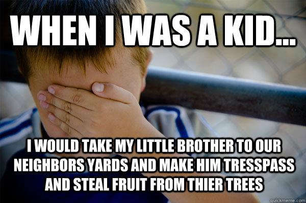 WHEN I WAS A KID... i would take my little brother to our neighbors yards and make him tresspass and steal fruit from thier trees   Confession kid