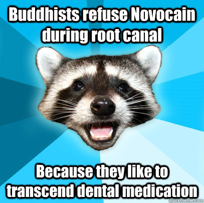 Buddhists refuse Novocain during root canal Because they like to transcend dental medication   Lame Pun Coon