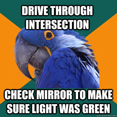 drive through intersection check mirror to make sure light was green  Paranoid Parrot