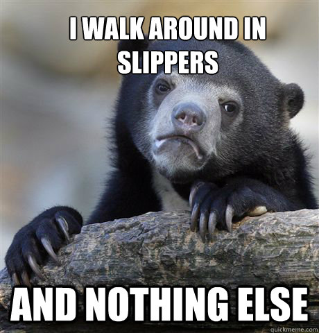 I walk around in slippers And nothing else  Confession Bear