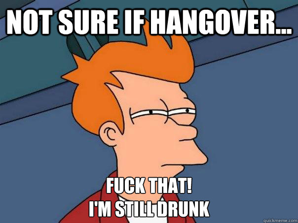 Not sure if hangover... fuck that! 
I'm still drunk   Futurama Fry