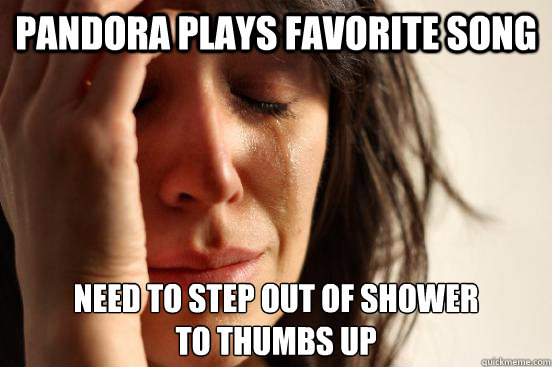 pandora plays favorite song need to step out of shower 
to thumbs up  First World Problems