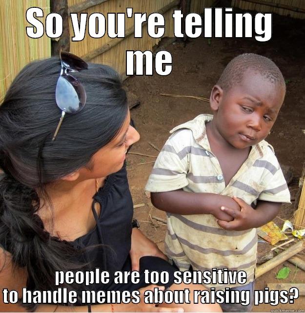 SO YOU'RE TELLING ME PEOPLE ARE TOO SENSITIVE TO HANDLE MEMES ABOUT RAISING PIGS? Skeptical Third World Kid