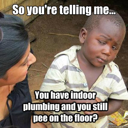 So you're telling me... You have indoor plumbing and you still pee on the floor? - So you're telling me... You have indoor plumbing and you still pee on the floor?  So youre telling me