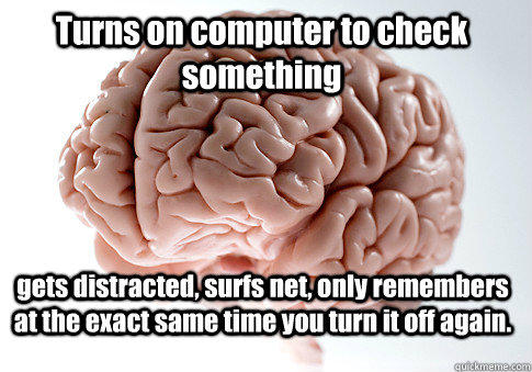 Turns on computer to check something gets distracted, surfs net, only remembers at the exact same time you turn it off again.   Scumbag Brain