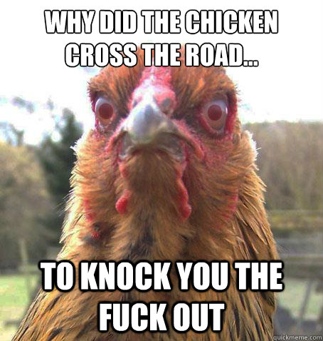 Why did the chicken cross the road... To knock you the fuck out  RageChicken
