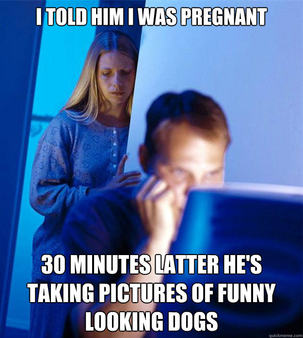 I told him I was pregnant 30 minutes latter he's taking pictures of funny looking dogs  Redditors Wife