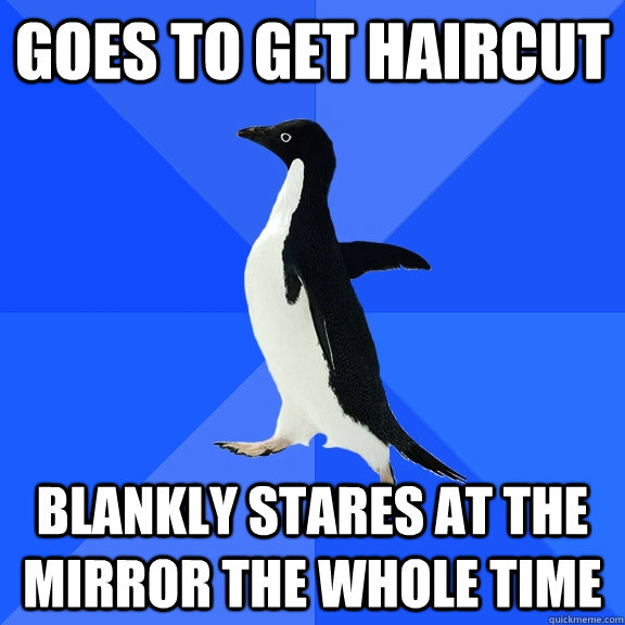 Goes to get haircut Blankly stares at the mirror the whole time  Socially Awkward Penguin