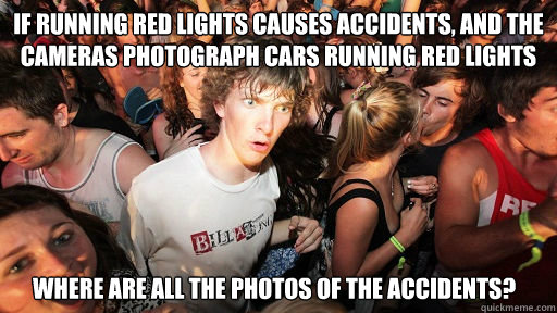 If running red lights causes accidents, and the cameras photograph CARS running red lights WHERE ARE ALL THE PHOTOS OF THE ACCIDENTS?  Sudden Clarity Clarence