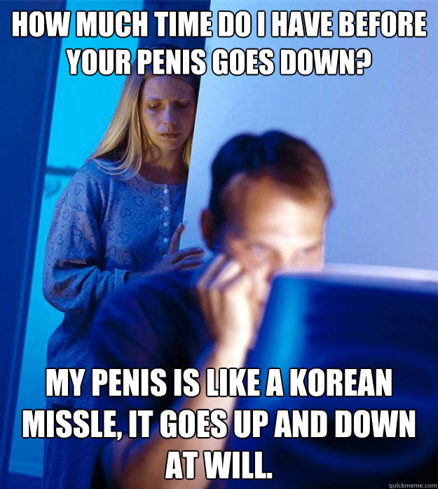 How much time do I have before your penis goes down? My penis is like a Korean missle, it goes up and down at will. - How much time do I have before your penis goes down? My penis is like a Korean missle, it goes up and down at will.  Redditors Wife