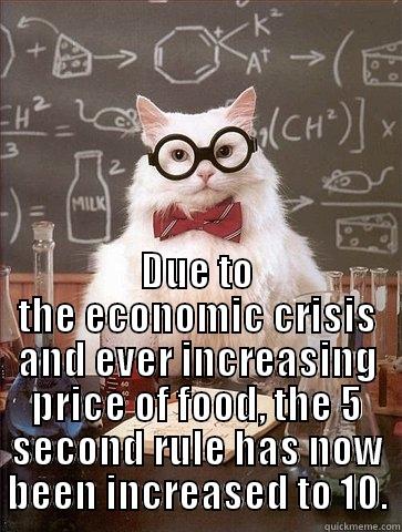  DUE TO THE ECONOMIC CRISIS AND EVER INCREASING PRICE OF FOOD, THE 5 SECOND RULE HAS NOW BEEN INCREASED TO 10. Chemistry Cat