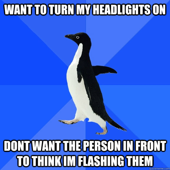 Want to turn my headlights on Dont want the person in front to think im flashing them  Socially Awkward Penguin