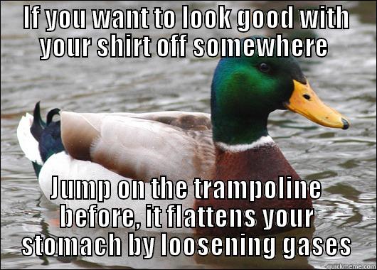 IF YOU WANT TO LOOK GOOD WITH YOUR SHIRT OFF SOMEWHERE  JUMP ON THE TRAMPOLINE BEFORE, IT FLATTENS YOUR STOMACH BY LOOSENING GASES Actual Advice Mallard