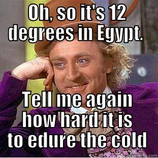OH, SO IT'S 12 DEGREES IN EGYPT.  TELL ME AGAIN HOW HARD IT IS TO EDURE THE COLD Creepy Wonka