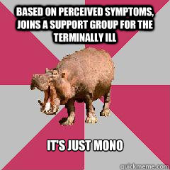 Based on perceived symptoms, joins a support group for the terminally ill It's just mono - Based on perceived symptoms, joins a support group for the terminally ill It's just mono  Hypochondriac Hippo