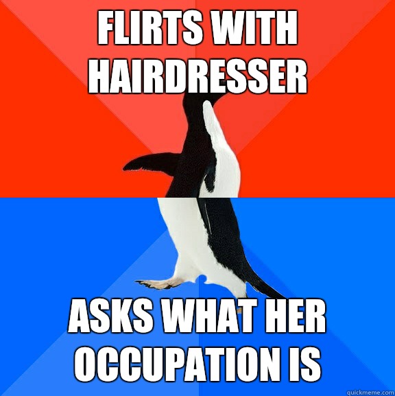 Flirts with hairdresser Asks what her occupation is  Socially Awesome Awkward Penguin