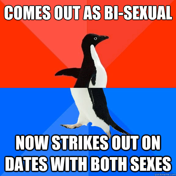 Comes out as bi-sexual Now strikes out on dates with both sexes  Socially Awesome Awkward Penguin