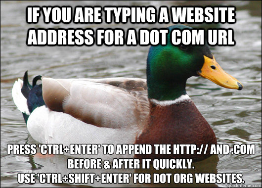 If you are typing a website address for a dot com URL Press 'CTRL+ENTER' to append the HTTP:// and .COM before & after it quickly.
Use 'CTRL+SHIFT+ENTER' for dot org websites.  Actual Advice Mallard