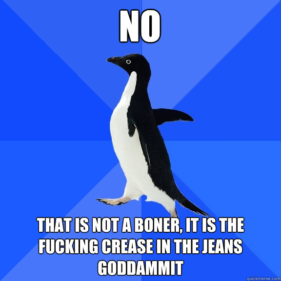 NO That is not a boner, it is the fucking crease in the jeans goddammit  Socially Awkward Penguin