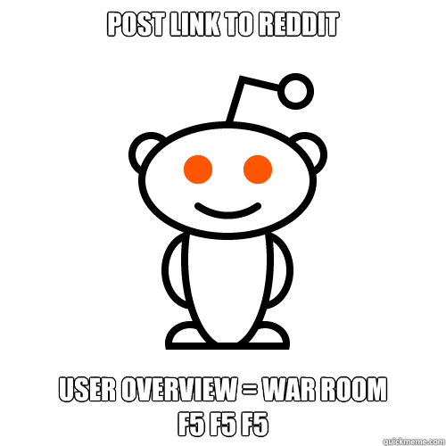 Post link to Reddit User overview = War room
F5 F5 F5  Redditor