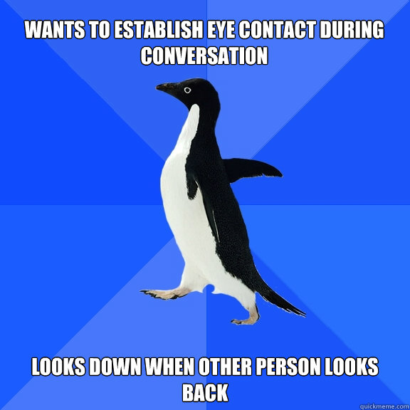 wants to establish eye contact during conversation looks down when other person looks back  Socially Awkward Penguin