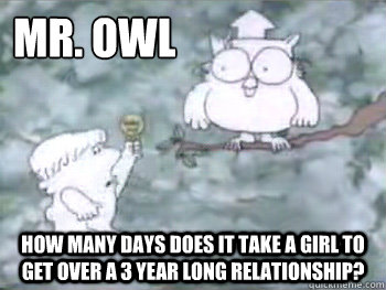 Mr. Owl How many days does it take a girl to get over a 3 year long relationship? - Mr. Owl How many days does it take a girl to get over a 3 year long relationship?  Tootsie Pop Owl Meme