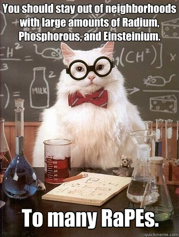 You should stay out of neighborhoods with large amounts of Radium, Phosphorous, and Einsteinium. To many RaPEs.  Chemistry Cat