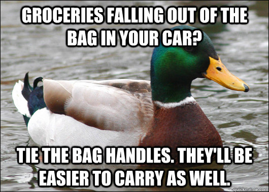 Groceries falling out of the bag in your car? tie the bag handles. They'll be easier to carry as well.  Actual Advice Mallard