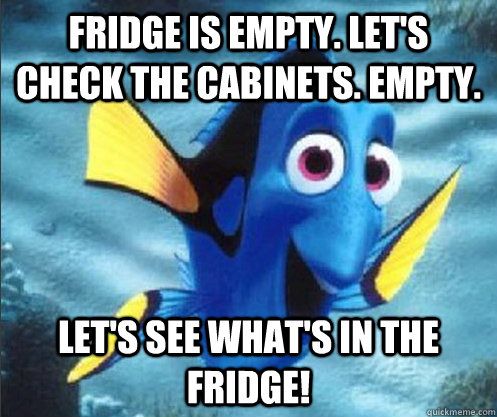 Fridge is empty. let's check the cabinets. empty. Let's see what's in the fridge!  optimistic dory