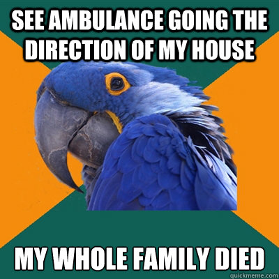 see ambulance going the direction of my house my whole family died  Paranoid Parrot