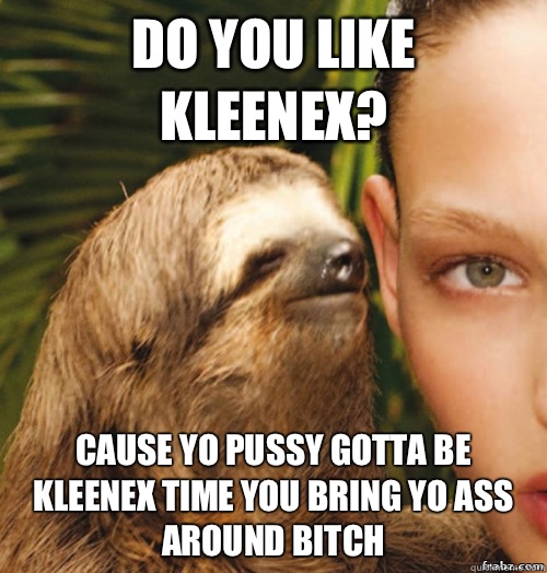 Do you like kleenex? Cause yo pussy gotta be kleenex time you bring yo ass around bitch  rape sloth